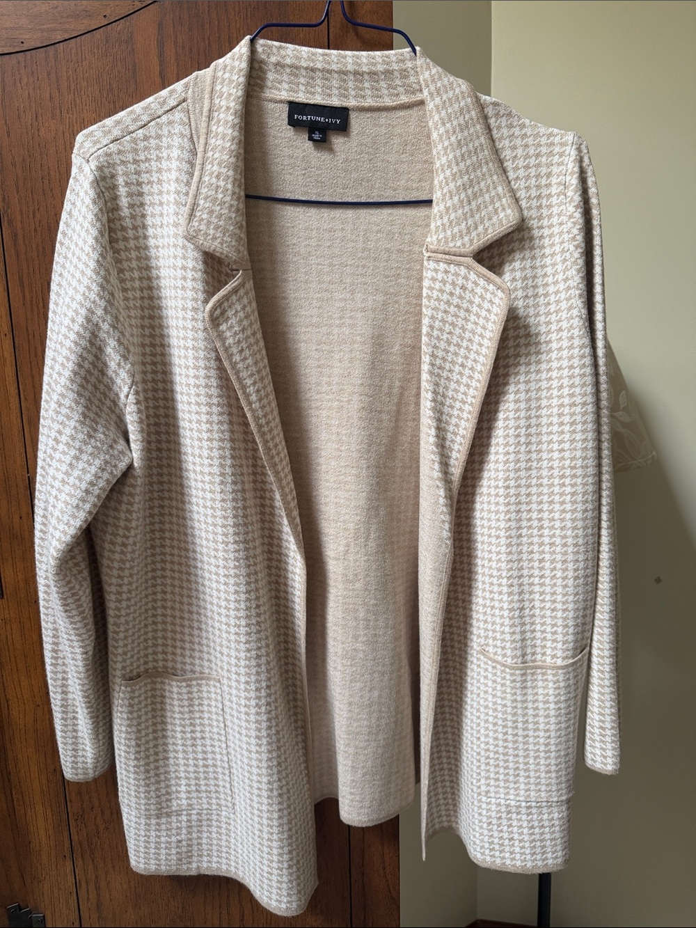 Beige Houndstooth Open-Front Women's sweater blazer